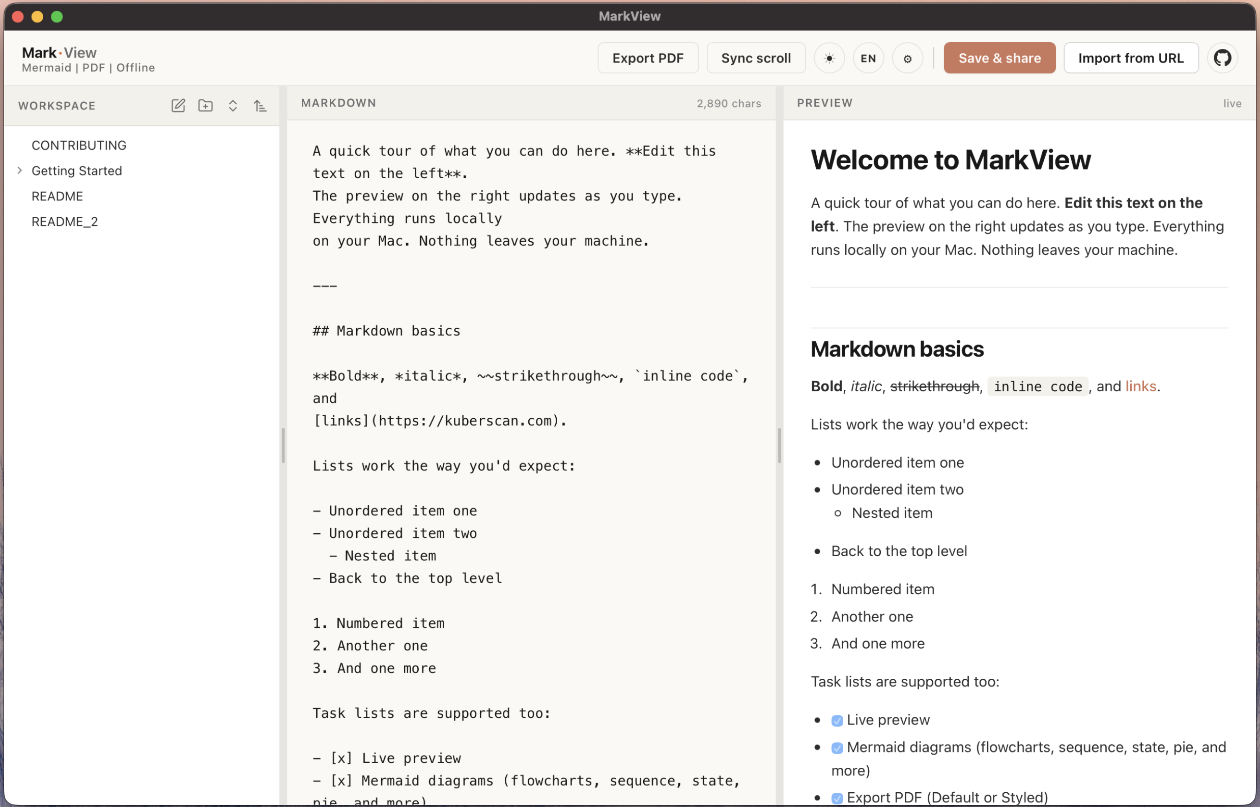 MarkView light mode showing live markdown preview and workspace sidebar