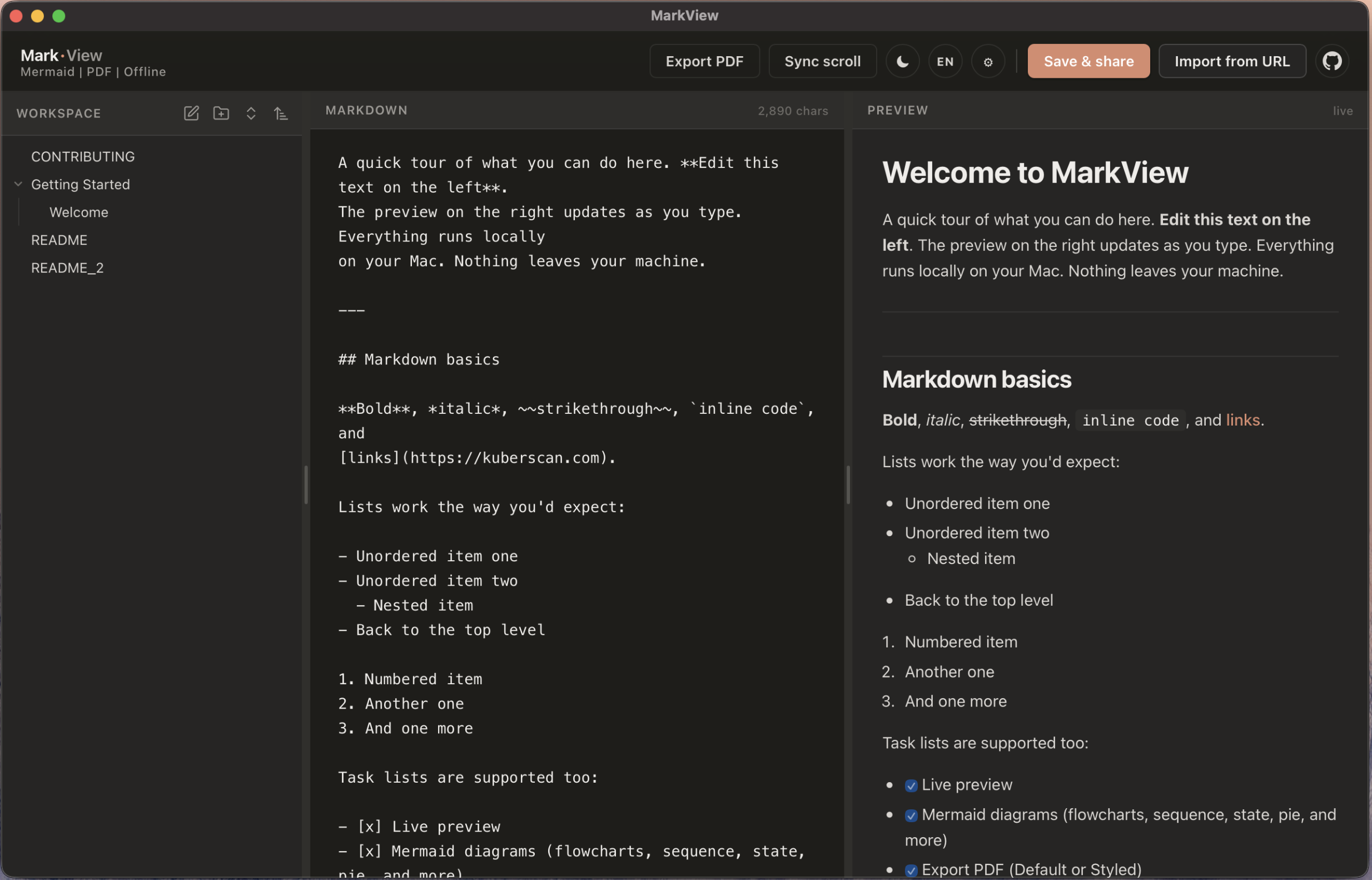 MarkView dark mode editor