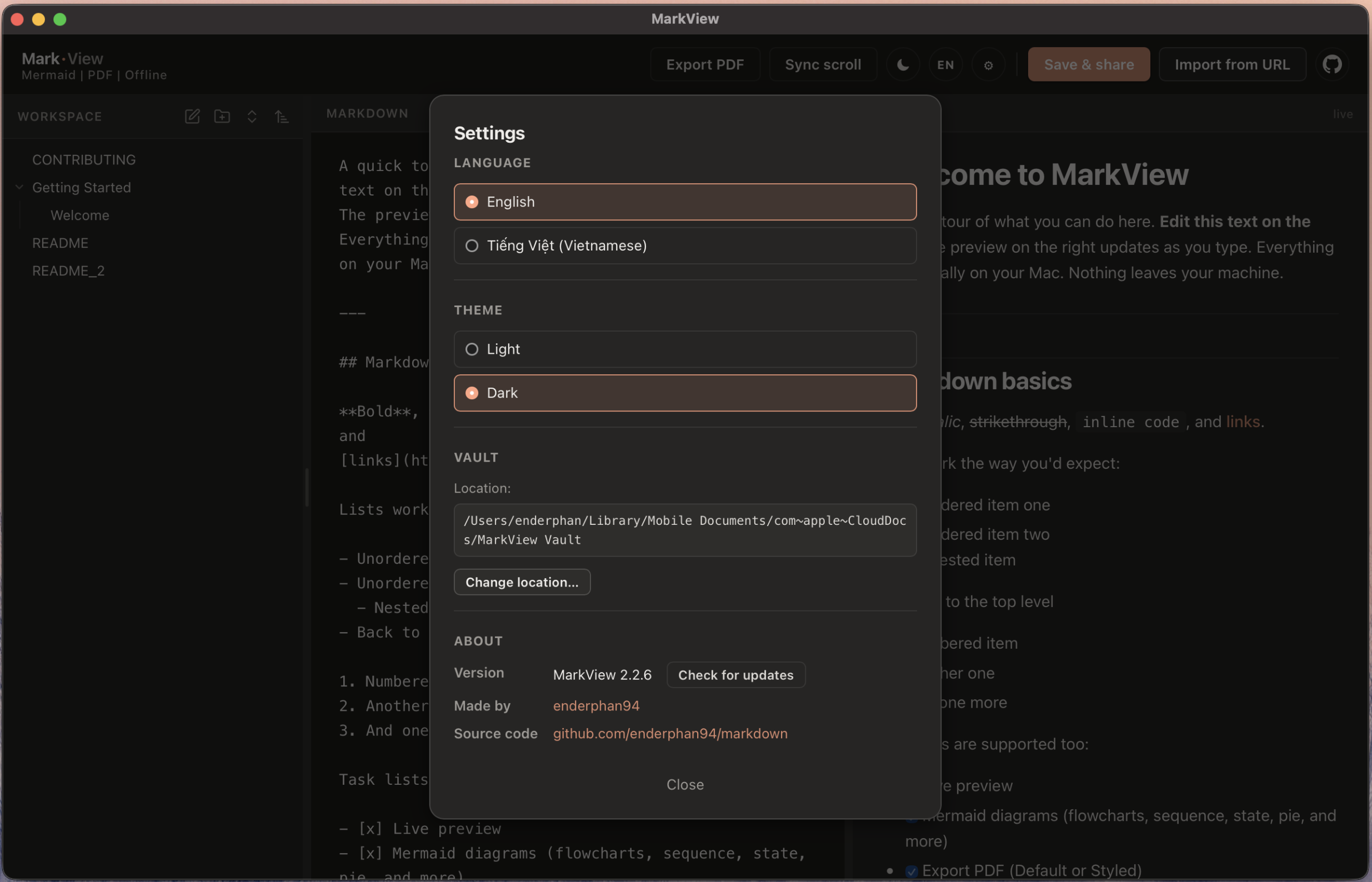 MarkView settings showing vault location and iCloud Drive sync