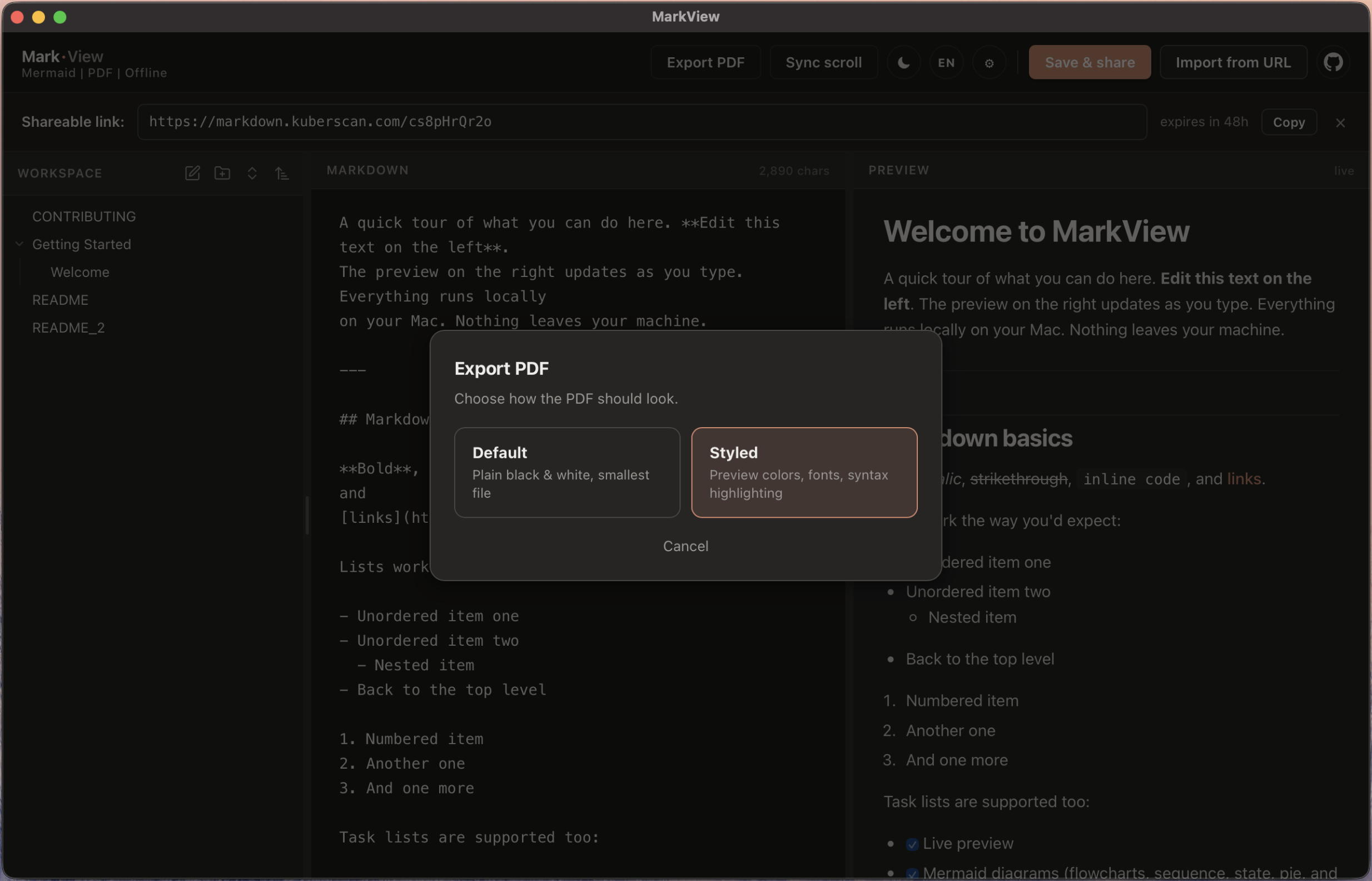 MarkView Export PDF dialog with Default and Styled options